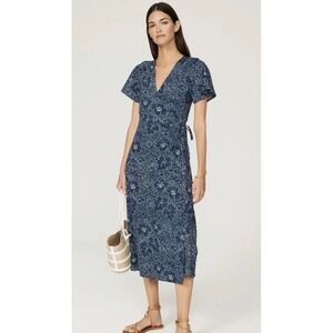 Marine Layer Emlyn Wrap Midi Dress Women Sz XS Boho Beach Blue Floral Coastal